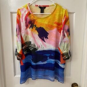 Ali Miles‎ Artsy Colorful Resort 3/4 Sleeve Sheer Hem Tunic Top PL Yellow Blue